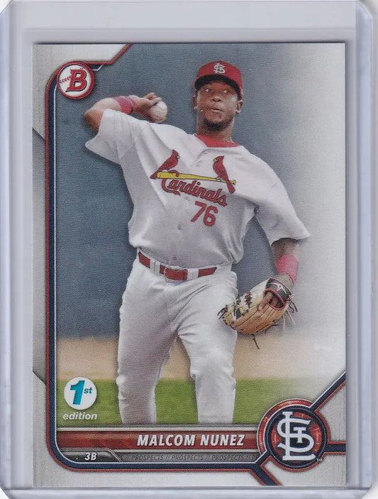 Baseball card of Malcom Nunez in mid-throw for 2022 Bowman 1st Edition St. Louis Cardinals