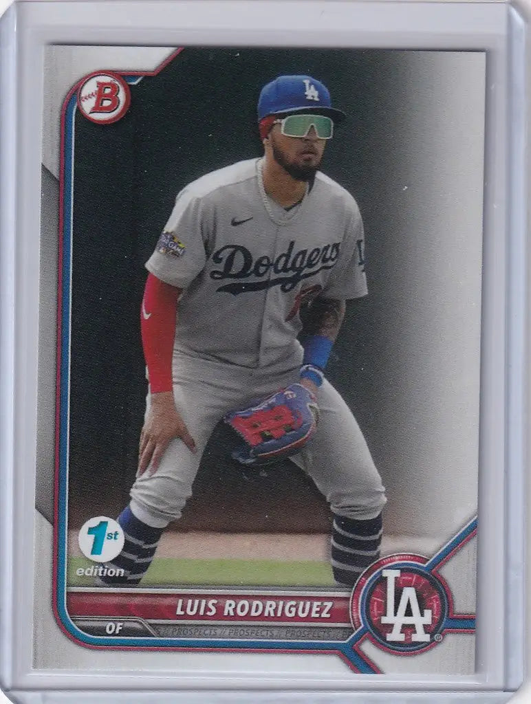 Baseball card of Luis Rodriguez Los Angeles Dodgers in gray away uniform, Bowman 1st Edition
