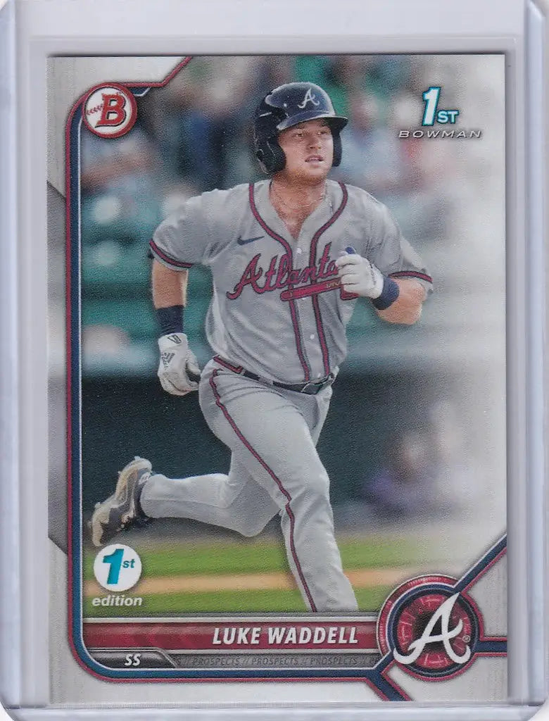 Baseball card of Luke Waddell running on field for Bowman 1st Edition Atlanta Braves