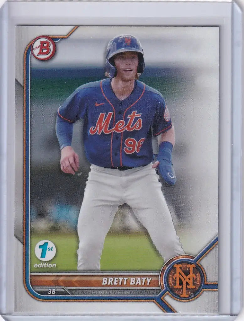 Baseball card of Brett Baty in batting stance from 2022 Bowman 1st Edition Mets