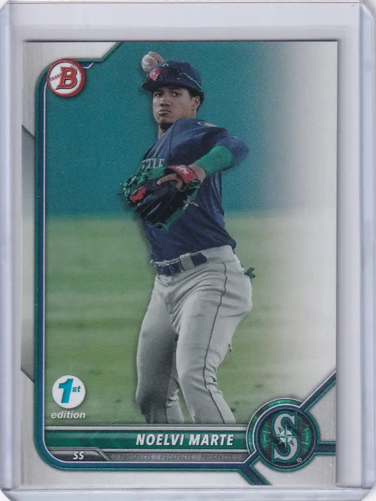 Baseball card of Noelvi Marte Seattle Mariners in mid-throw from Bowman 1st Edition