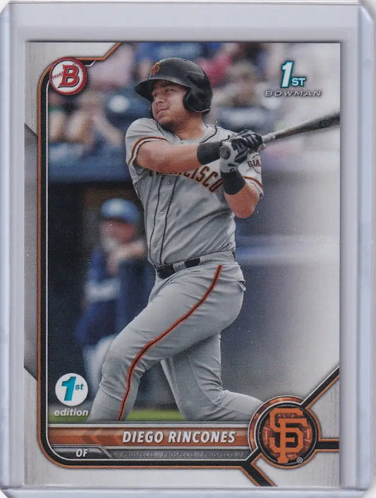 Baseball card featuring Diego Rincones San swinging bat in Bowman 1st Edition design