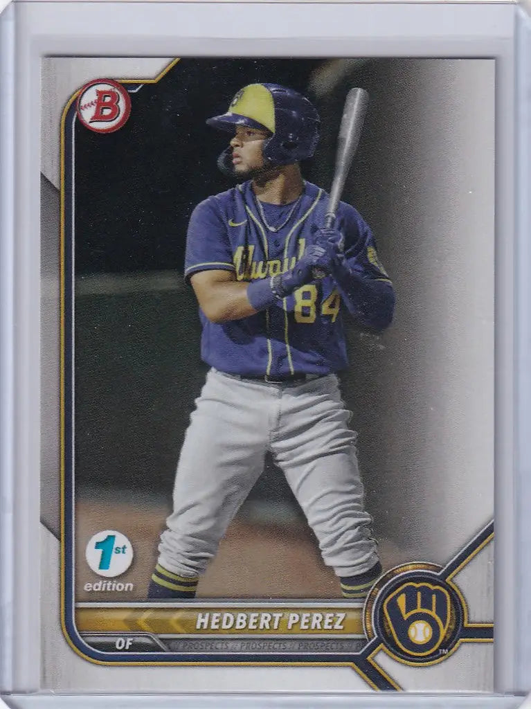 Baseball card of Hedbert Perez Milwaukee in batting stance from Bowman 1st Edition