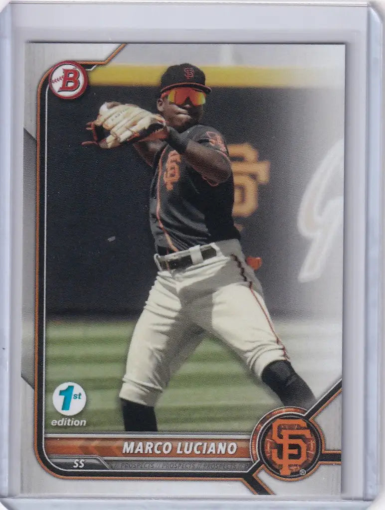 Baseball card of Marco Luciano San Francisco Giants in mid-throw from Bowman 1st Edition