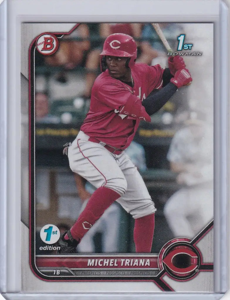 Baseball card of Michel Triana Cincinnati Reds in batting stance from Bowman 1st Edition