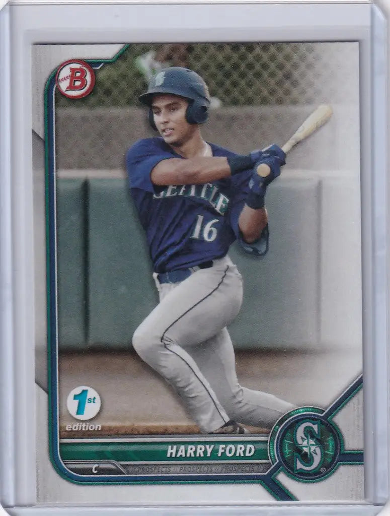 Baseball trading card of Harry Ford Seattle Mariners in batting stance from Bowman 1st Edition