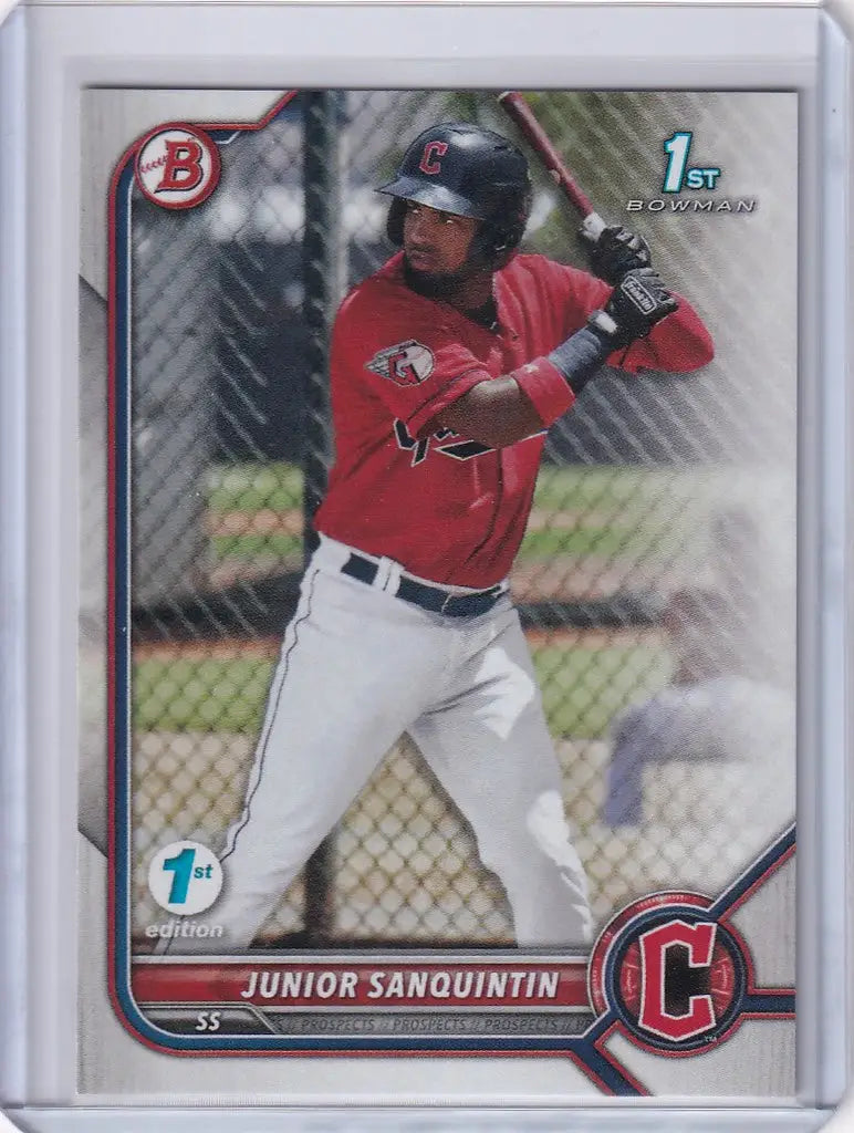 Baseball card of Junior Sanquintin Cleveland in red jersey, Bowman 1st Edition collectible