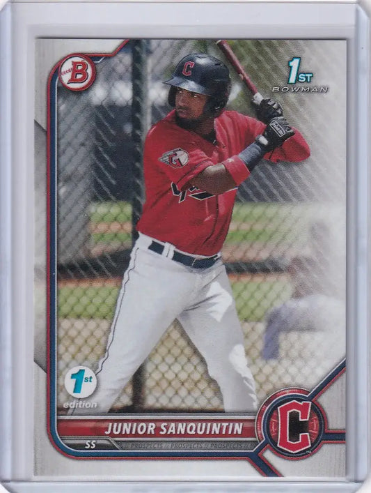 Baseball card of Junior Sanquintin Cleveland in red jersey, Bowman 1st Edition collectible