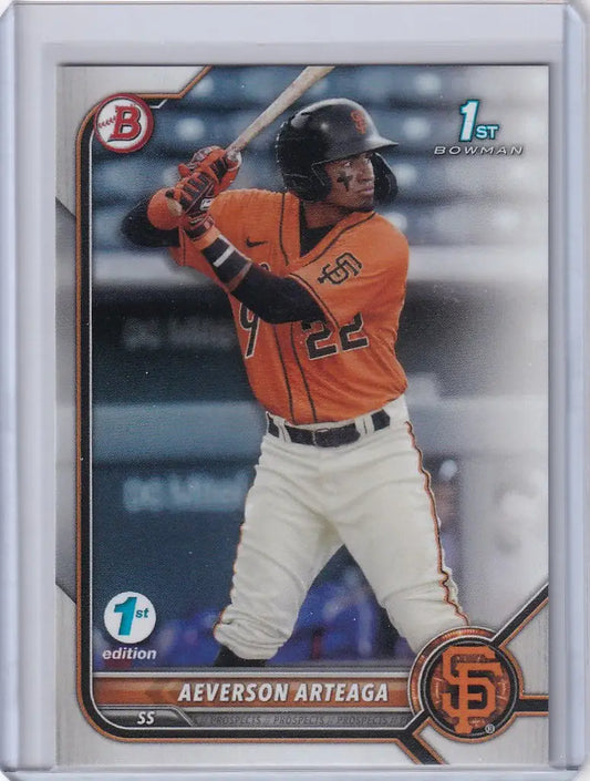 Baseball card of Aeverson Arteaga San in orange and white uniform, Bowman 1st Edition