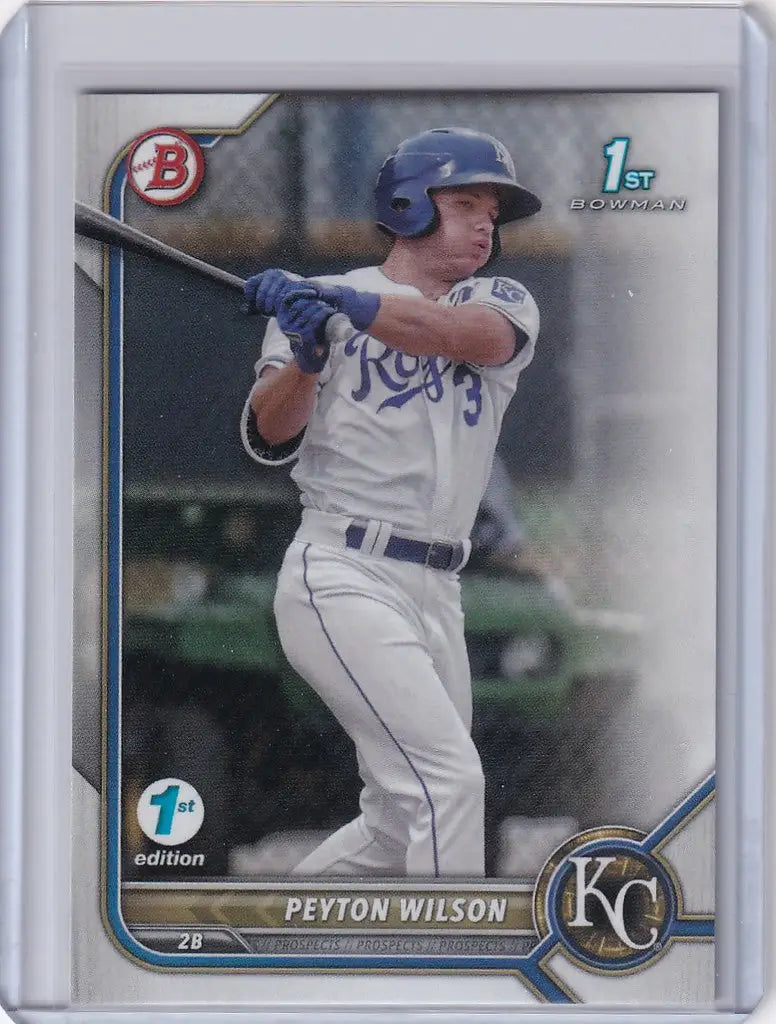 Baseball card of Peyton Wilson in batting stance from 2022 Bowman 1st Edition Kansas City Royals