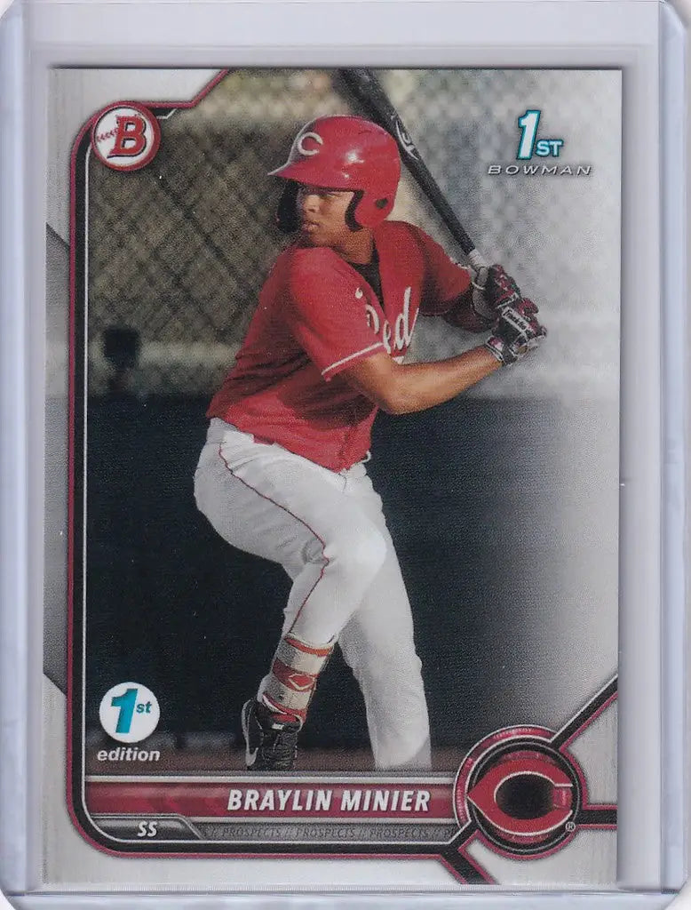 Baseball card of Braylin Minier in red uniform for Cincinnati Reds, Bowman 1st Edition