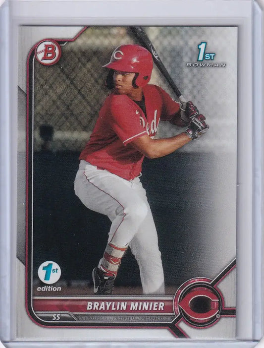 Baseball card of Braylin Minier in red uniform for Cincinnati Reds, Bowman 1st Edition