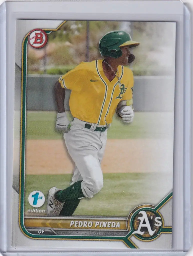 Baseball card of Pedro Pineda Oakland Athletics in yellow jersey from Bowman 1st Edition