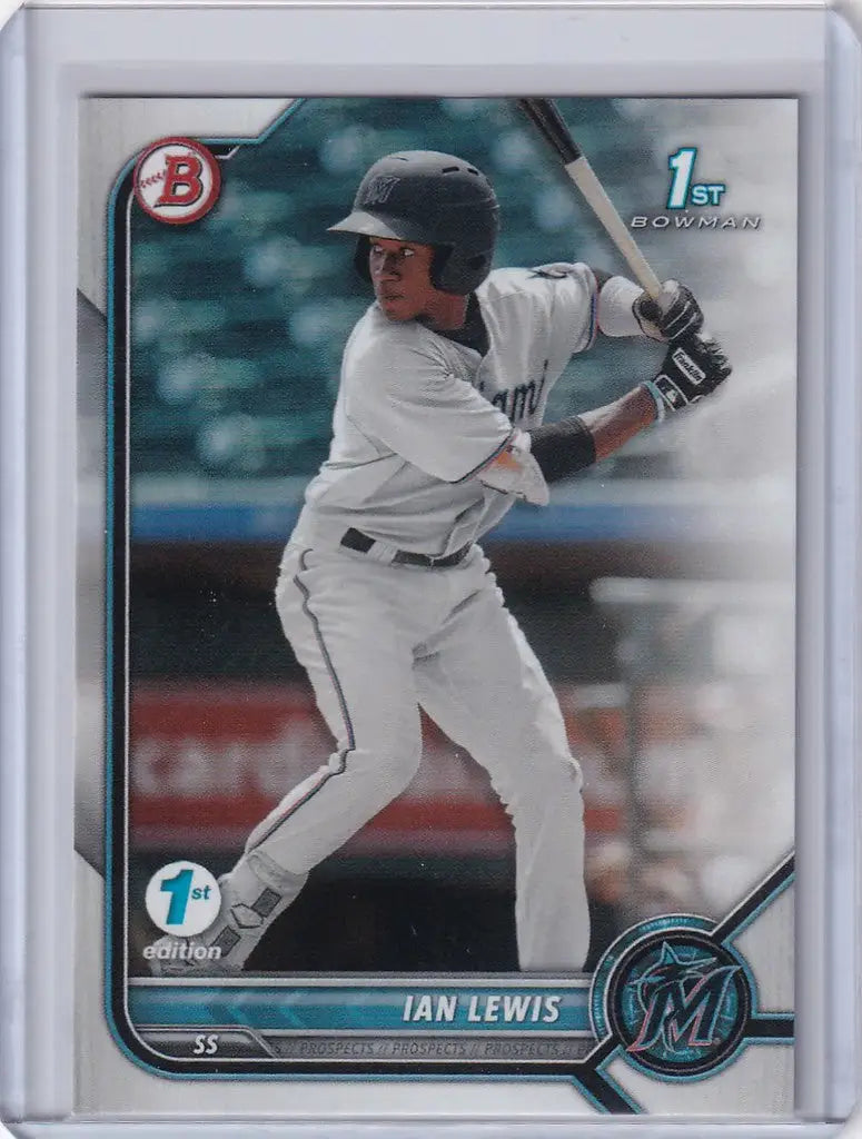Baseball card of Ian Lewis in a white uniform from 2022 Bowman 1st Edition