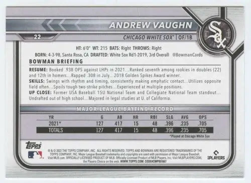 2022 Bowman #22 Andrew Vaughn NM-MT White Sox ID:42012 - Baseball Card Single