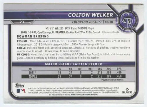 Baseball trading card of Colton Welker with original gloss, NM-MT RC Rookie Rockies