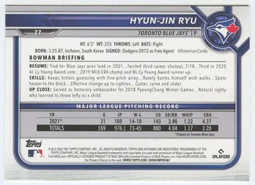 Baseball trading card featuring Hyun-Jin Ryu NM-MT of the Toronto Blue Jays in 2022 Bowman
