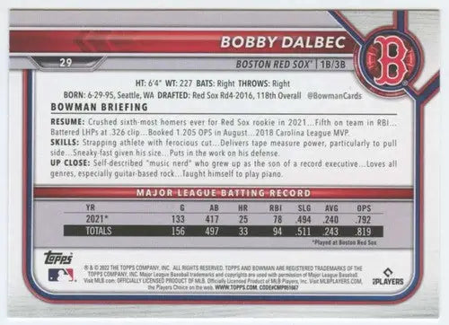 2022 Bowman #29 Bobby Dalbec NM-MT Red Sox ID:42016 - Baseball Card Single