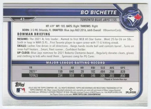 2022 Bowman #43 Bo Bichette NM-MT Blue Jays ID:42021 - Baseball Card Single