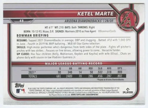 Original gloss baseball trading card of Ketel Marte NM-MT from 2022 Bowman series