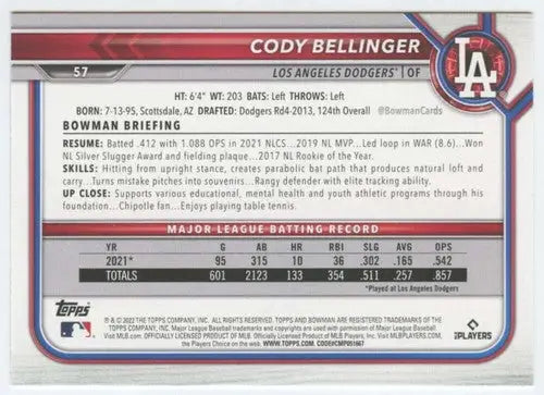 2022 Bowman #57 Cody Bellinger NM-MT Dodgers ID:42030 - Baseball Card Single