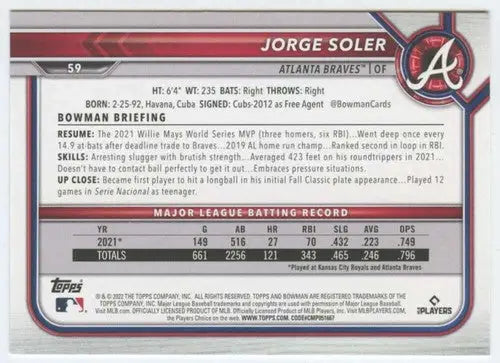 Back of 2022 Bowman Jorge Soler NM-MT baseball trading card featuring original gloss