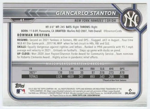 2022 Bowman #61 Giancarlo Stanton NM-MT Yankees ID:42033 - Baseball Card Single