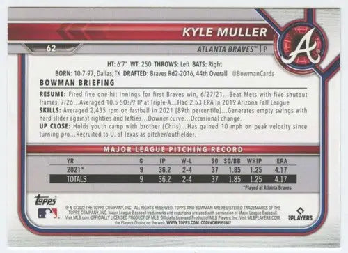 Original gloss baseball card of Kyle Muller NM-MT from 2022 Bowman Rookie Braves