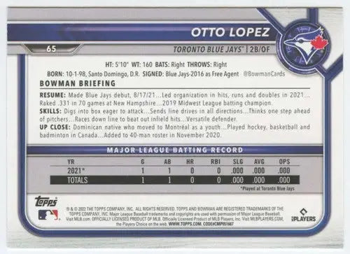 2022 Bowman #65 Otto Lopez NM-MT RC Rookie Blue Jays ID:42035 - Baseball Card Single