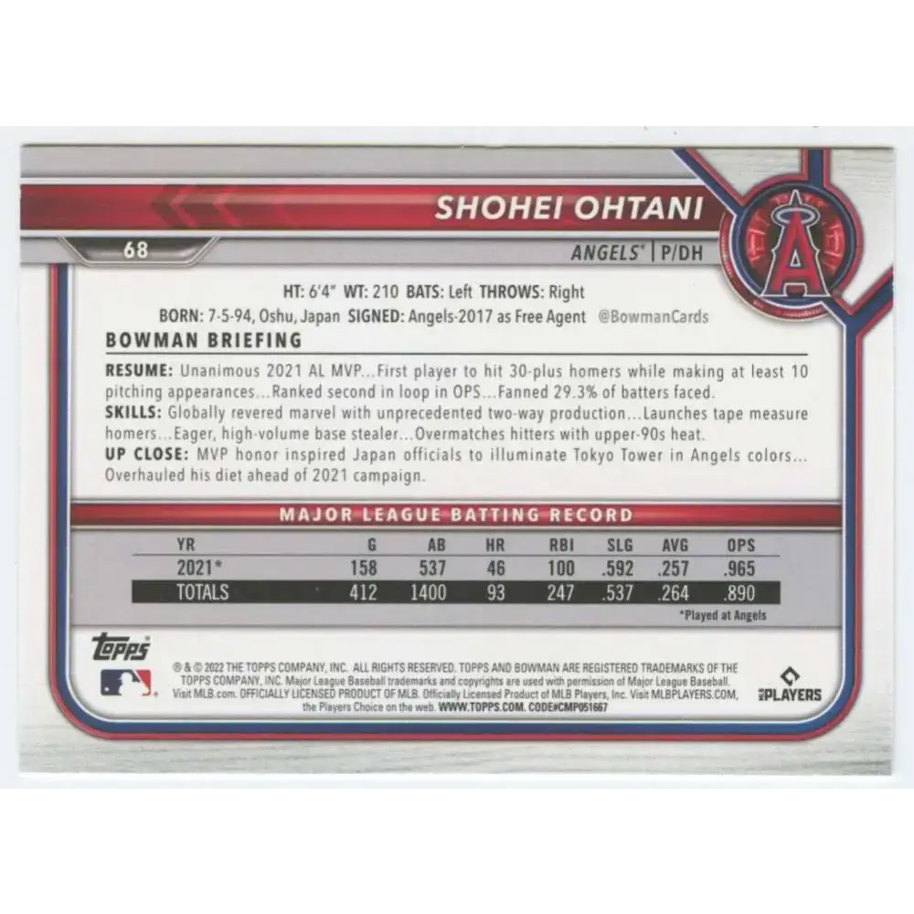 2022 Bowman #68 Shohei Ohtani NM-MT Los Angeles Angels Baseball Card