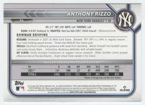 Original gloss of Anthony Rizzo baseball card from 2022 Bowman series featuring Simply Sandoval
