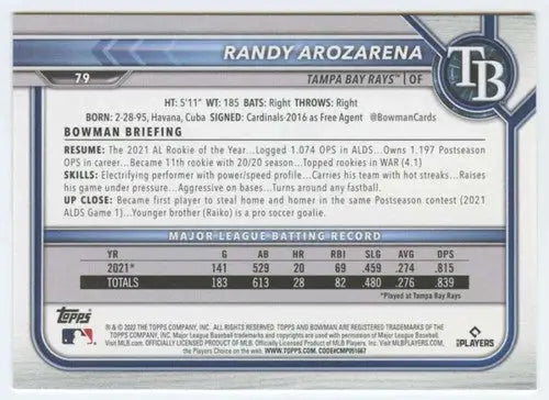 2022 Bowman Randy Arozarena NM-MT baseball card with original gloss Rays ID42048