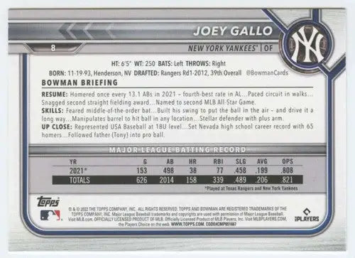 Back of 2022 Bowman #8 Joey Gallo NM-MT Yankees baseball card with stats and bio