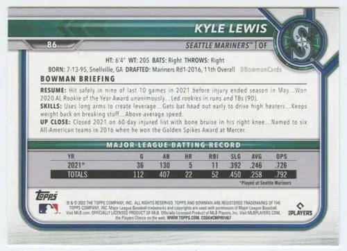 Kyle Lewis baseball card with original gloss in NM-MT condition from 2022 Bowman