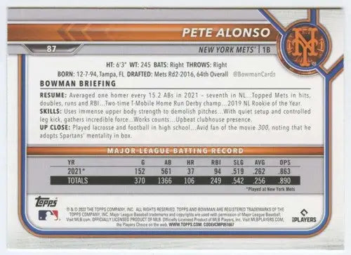 Pete Alonso baseball card back with original gloss, NM-MT condition from 2022 Bowman
