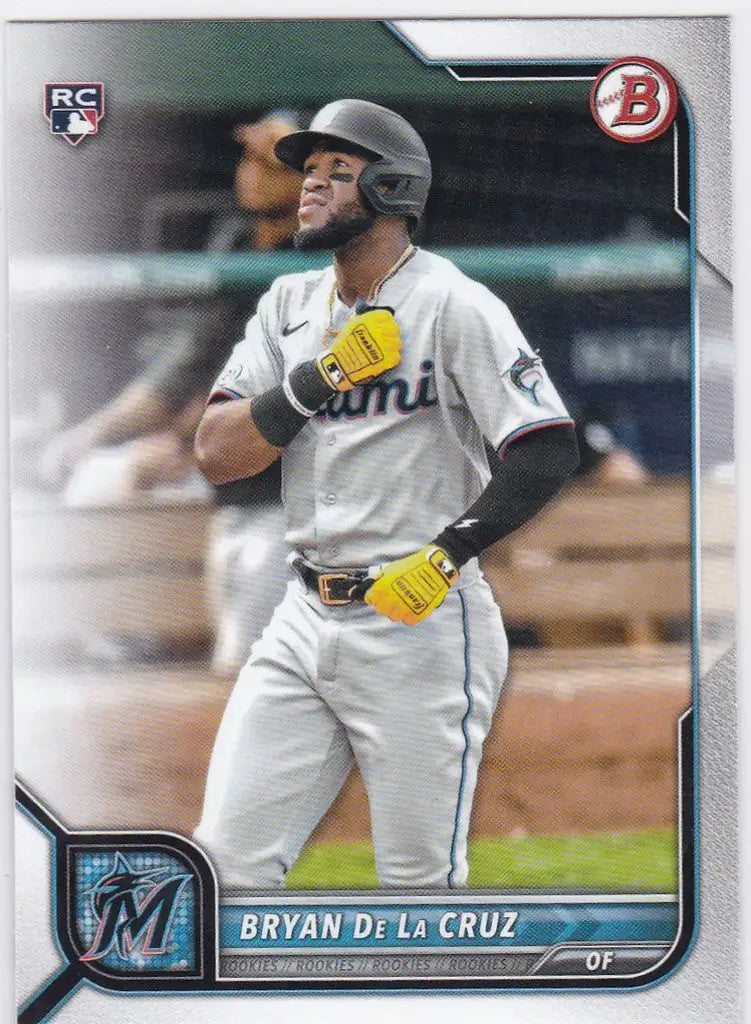 Baseball card of Bryan De La Cruz RC Miami Marlins player at bat, trading cards