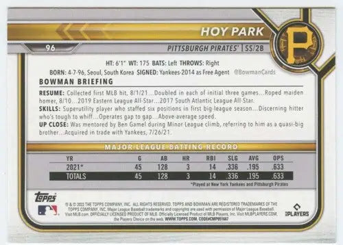 2022 Bowman Hoy Park baseball card with original gloss, NM-MT Rookie Pirates