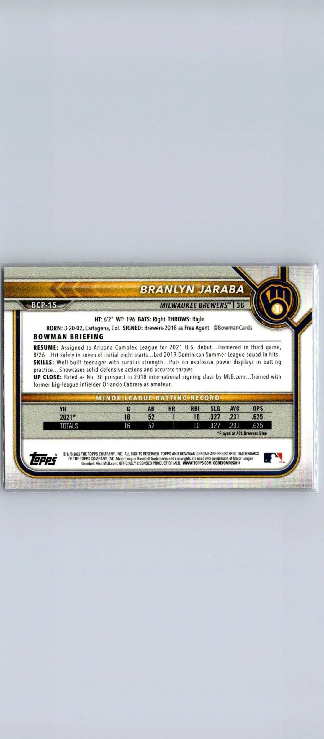 Branlyn Jaraba baseball card from 2022 Bowman Chrome Prospects Mojo Refractors