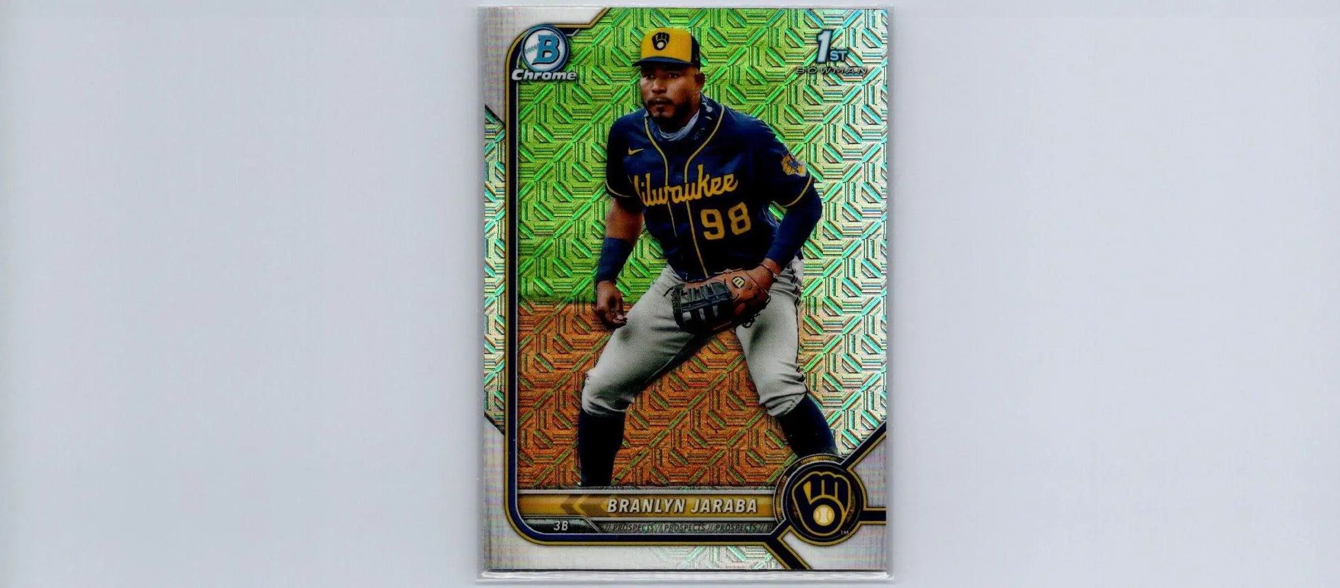 Baseball trading card featuring 2022 Bowman Branlyn Jaraba Chrome Prospects Mojo Refractors