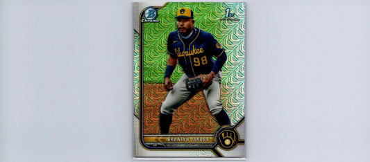 Baseball trading card featuring 2022 Bowman Branlyn Jaraba Chrome Prospects Mojo Refractors
