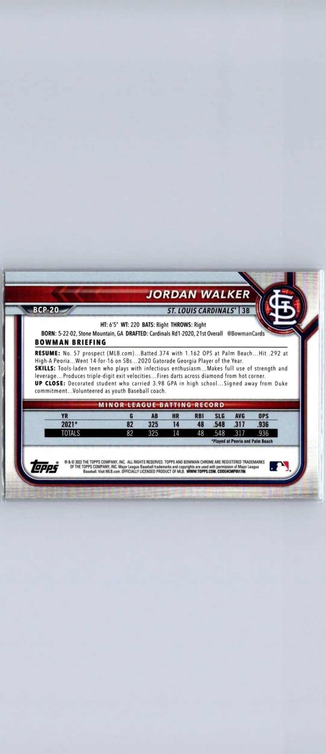 Jordan Walker Chrome baseball card from 2022 Bowman #BCP-20 Walker Chrome Prospects