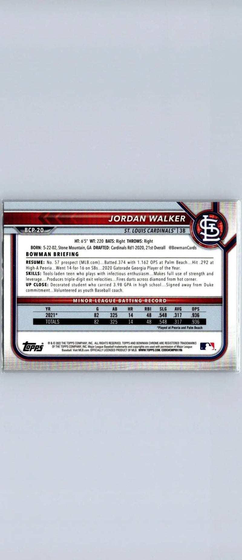 Jordan Walker Chrome baseball card from 2022 Bowman #BCP-20 Walker Chrome Prospects