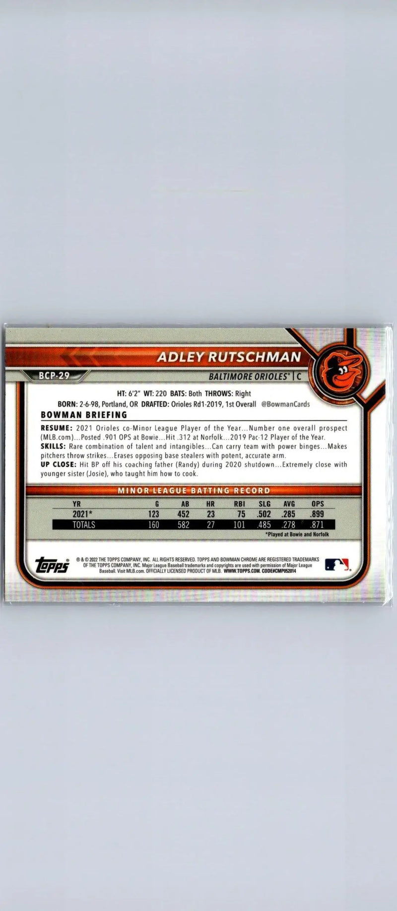Adley Rutschman Chrome card from 2022 Bowman #BCP-29 Rutschman Chrome Prospects set