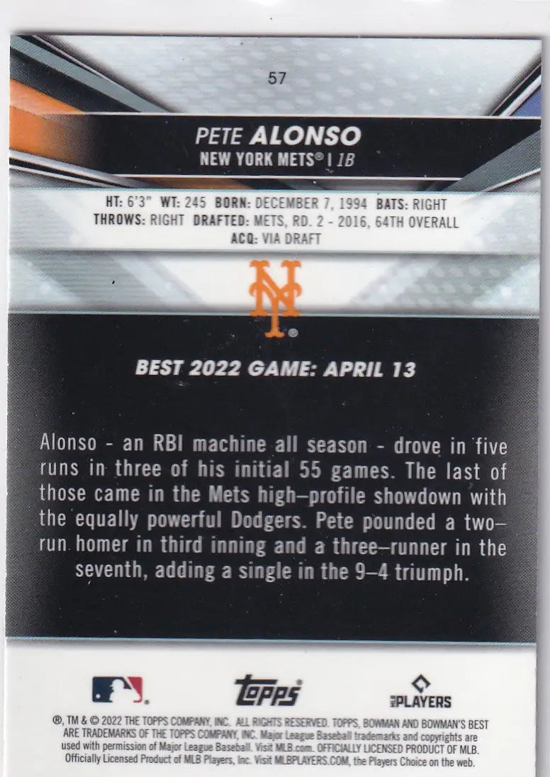 2022 BOWMAN BEST #57 PETE ALONSO- NEW YORK METS - Baseball Card Single