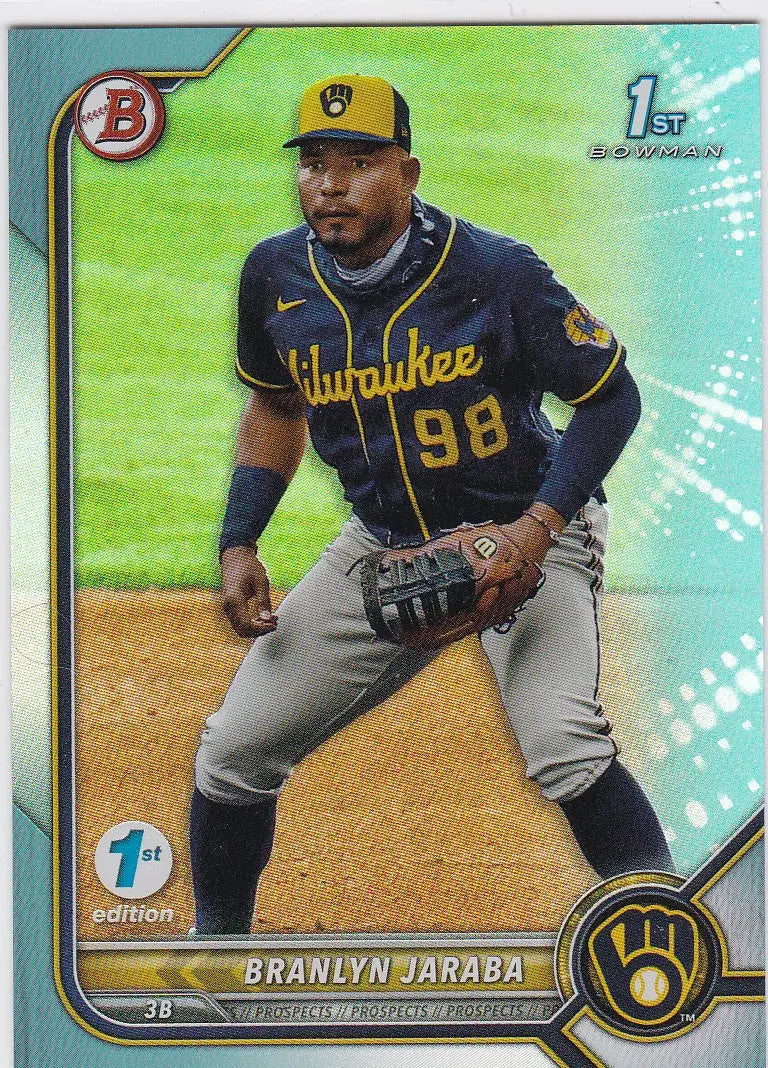 Baseball card of Branlynja Raba, Milwaukee Brewers, 2022 Bowman 1st Edition Blue