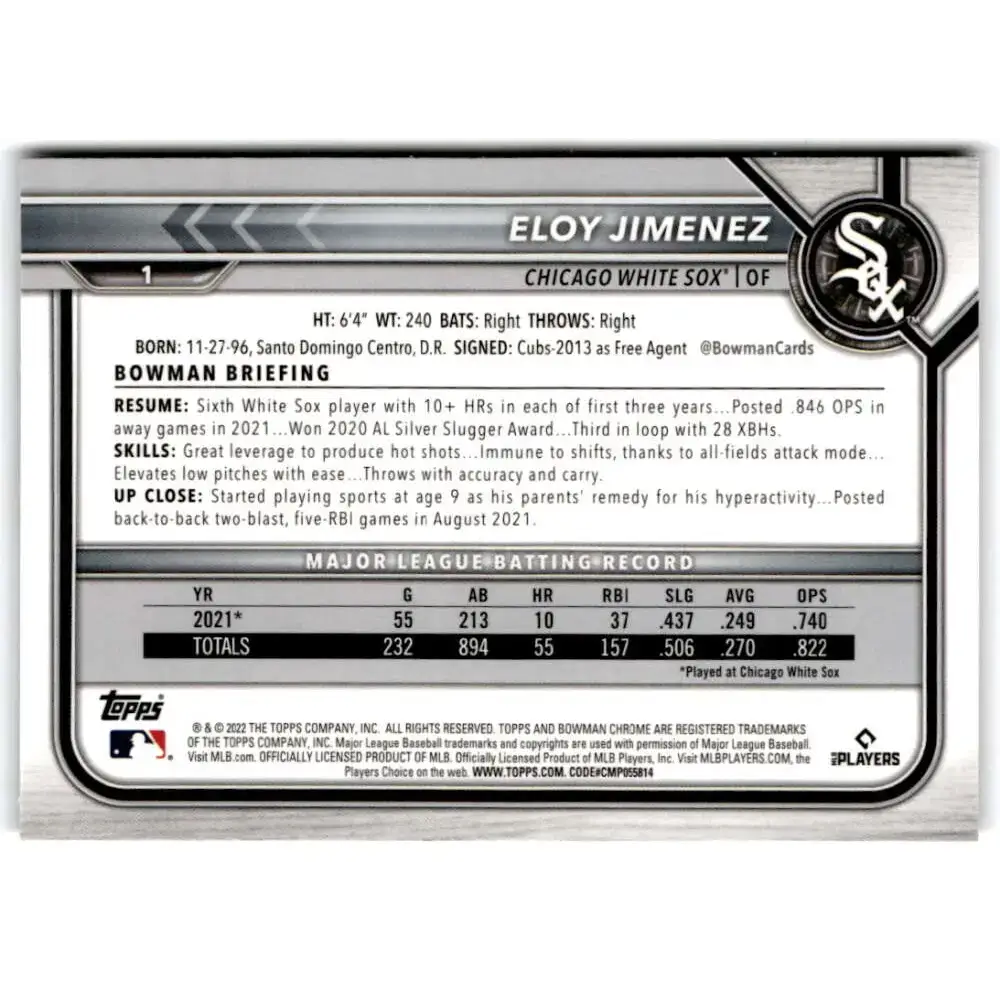 2022 Bowman Chrome #1 Eloy Jimenez NM-MT Chicago White Sox Baseball Card - Baseball Card Single