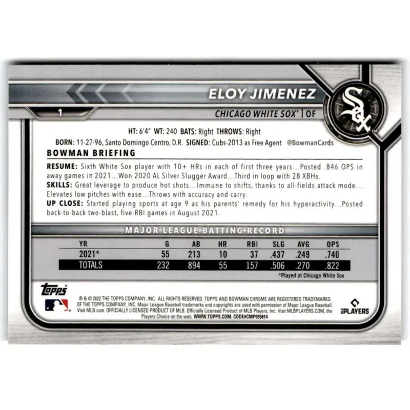 2022 Bowman Chrome #1 Eloy Jimenez NM-MT Chicago White Sox Baseball Card - Baseball Card Single
