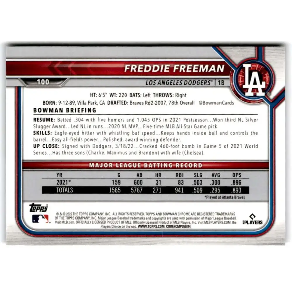 2022 Bowman Chrome #100 Freddie Freeman NM-MT Los Angeles Dodgers Baseball Card - Baseball Card Single