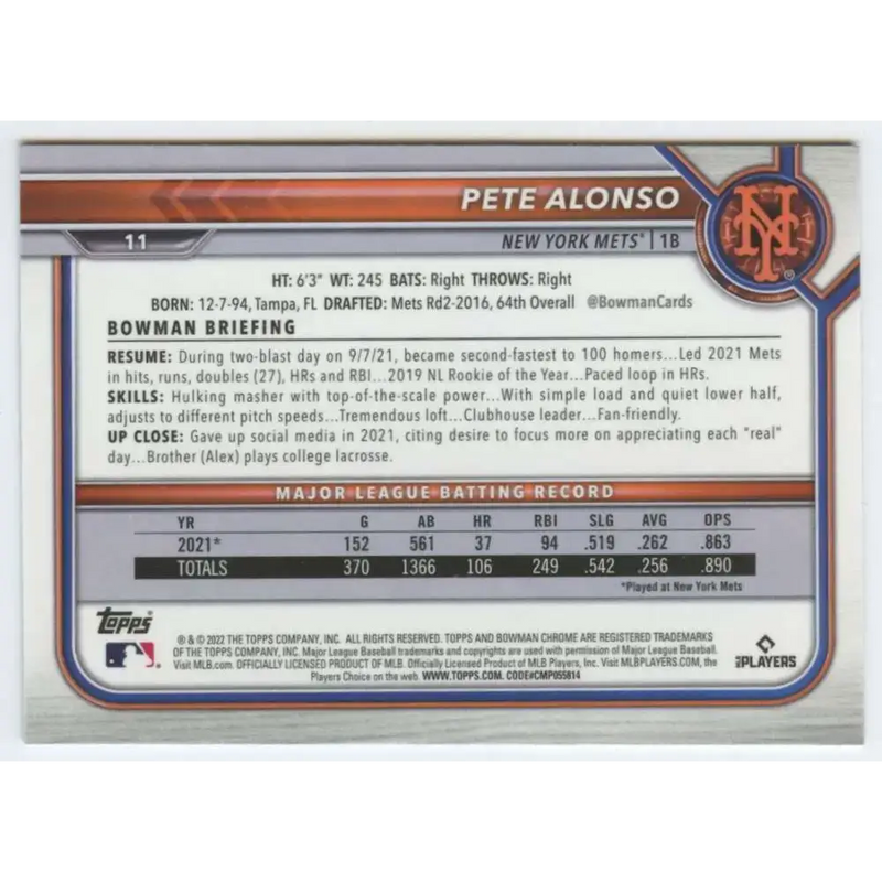 2022 Bowman Chrome #11 Pete Alonso NM-MT New York Mets Baseball Card - Baseball Card Single