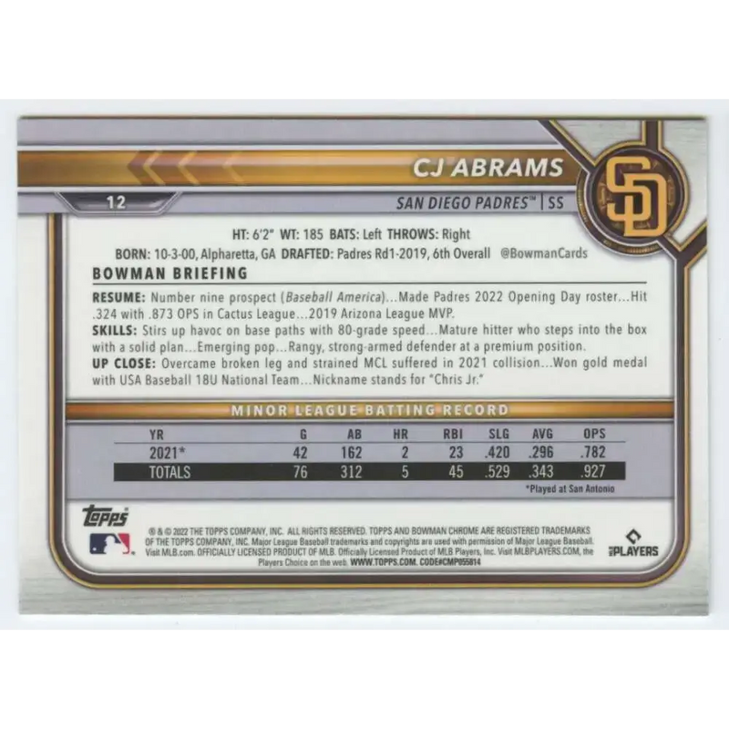 2022 Bowman Chrome #12 CJ Abrams NM-MT RC Rookie San Diego Padres Baseball Card - Baseball Card Single